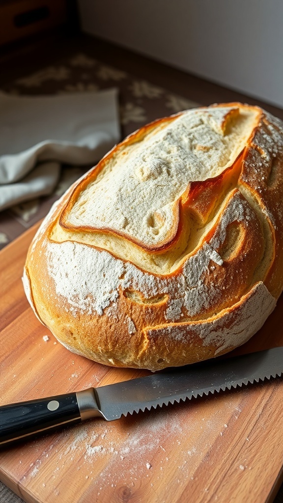 Simple Sourdough Bread Recipe with 1 Cup Flour A golden crusted sourdough bread loaf on a wooden board with a knife beside it.
